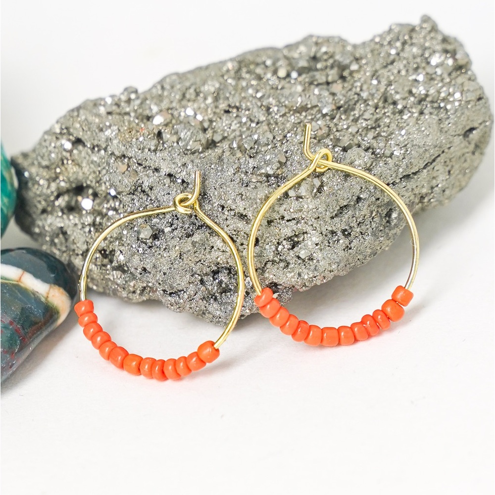 Seed Bead Hoop Earrings Handmade Orange Brass Nickel Free